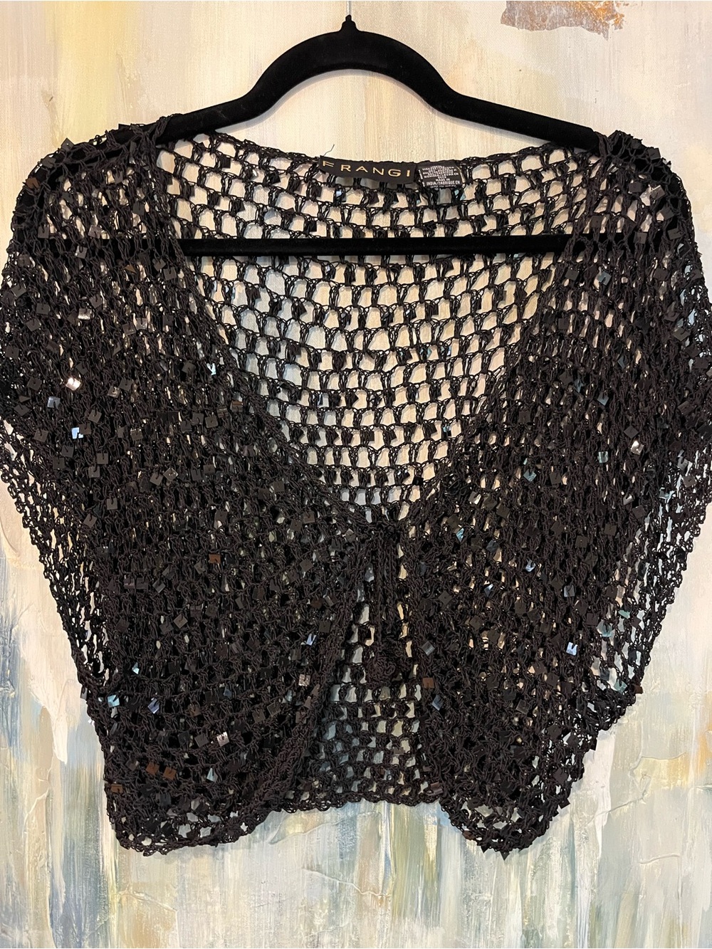 Frangi Black Sequin Open Knit Cropped Shrug Top